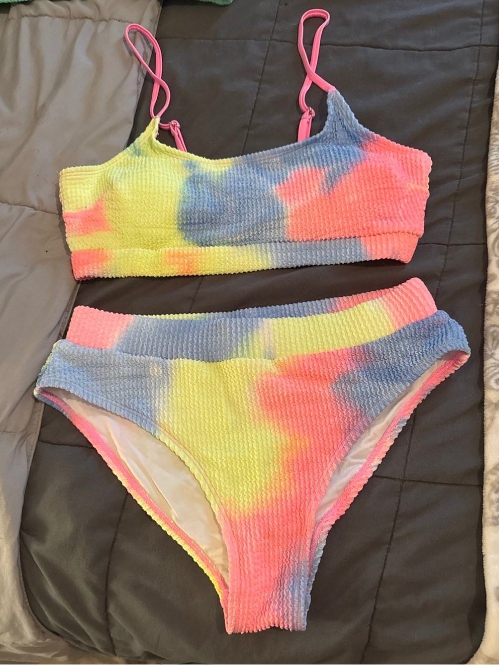 SHEIN Neon Tie-Dye Pink Blue Yellow High-Waist Bikini Set